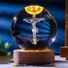 Unique Jesus 3D Crystal Ball Night Light with Wooden LED Base, Creative 3D Carved Crystal Ball Wholesale Craft Gift, Perfect for 6
