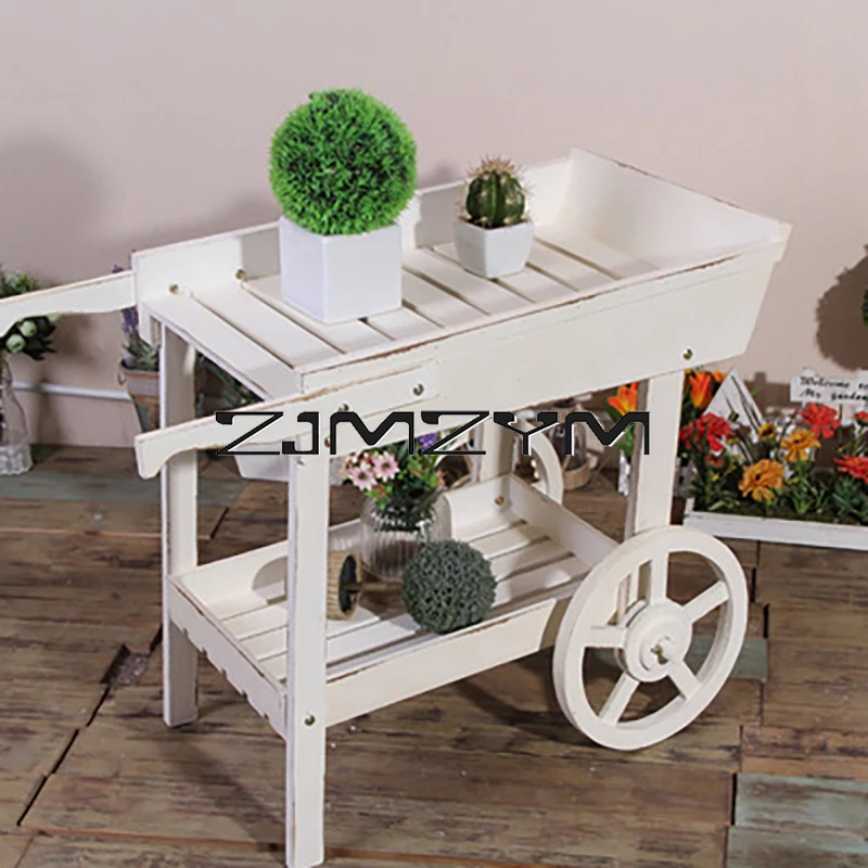Solid Wood Flower Stand Storage Racks Float Flower Rack Shop Decoration Display Rack Multi-Functional Retro Cart