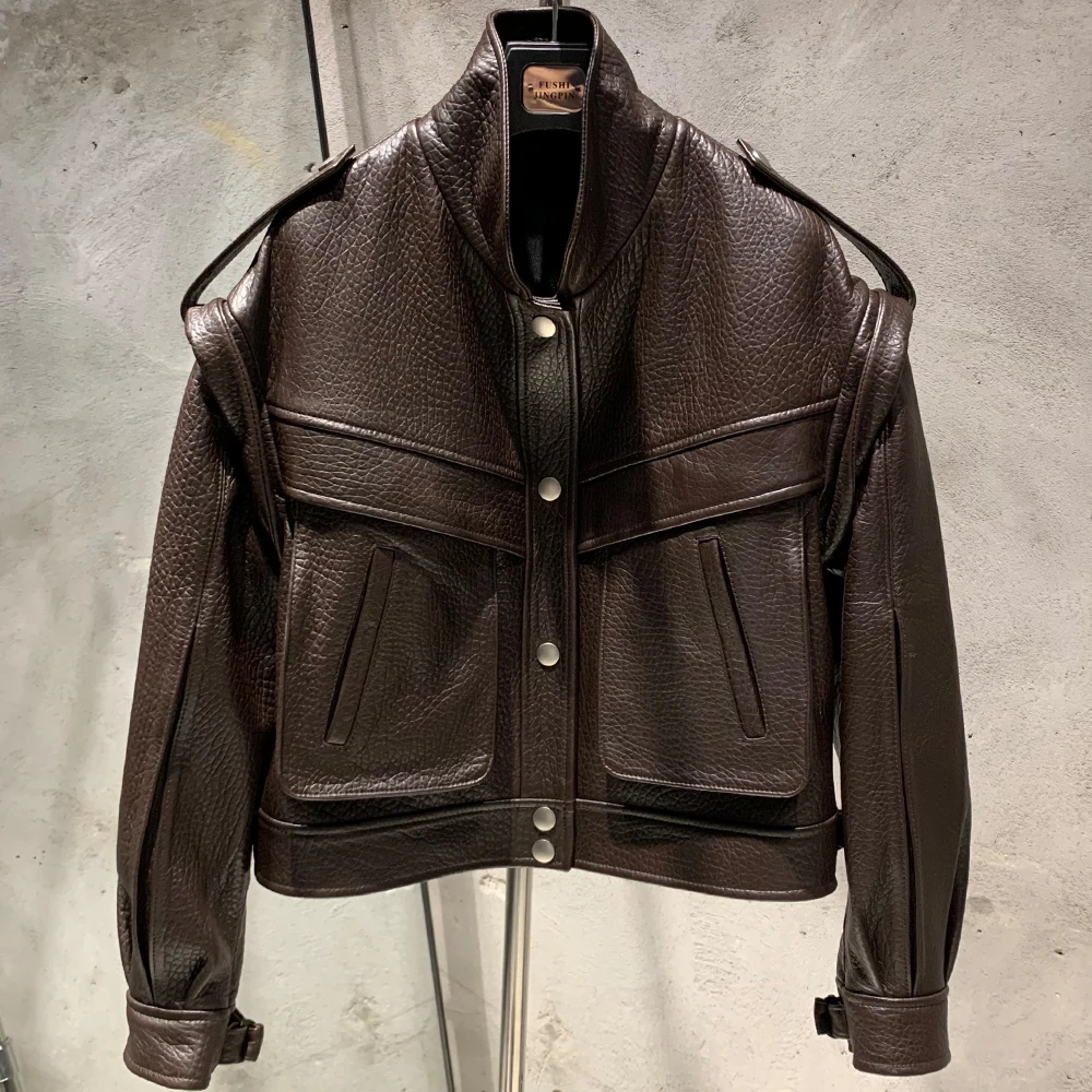 Veste en cuir grainé pour femme, manteau de motard en cuir, manches détachables, bombardier en peau de mouton H021