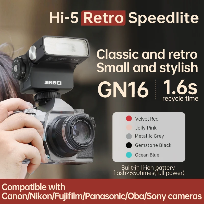 JINBEI HI-5 Retro Speedlite Color Camera Flash GN16 6000±200K 7Levels Speedlight Universal for Canon Nikon Sony Fuji Photography
