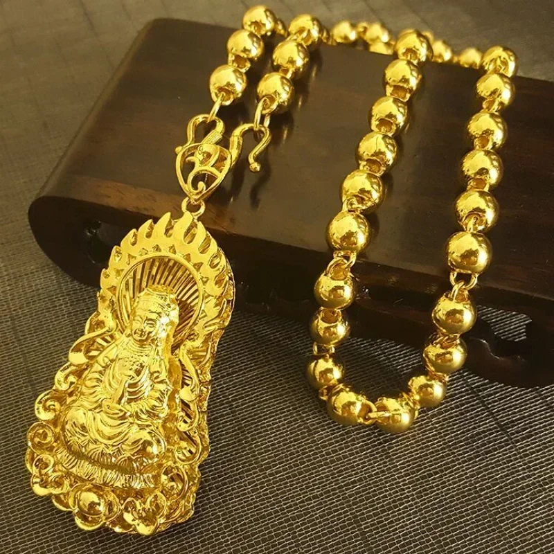 Gold Necklace Guanyin Pendant 24K Chain for Men and Women