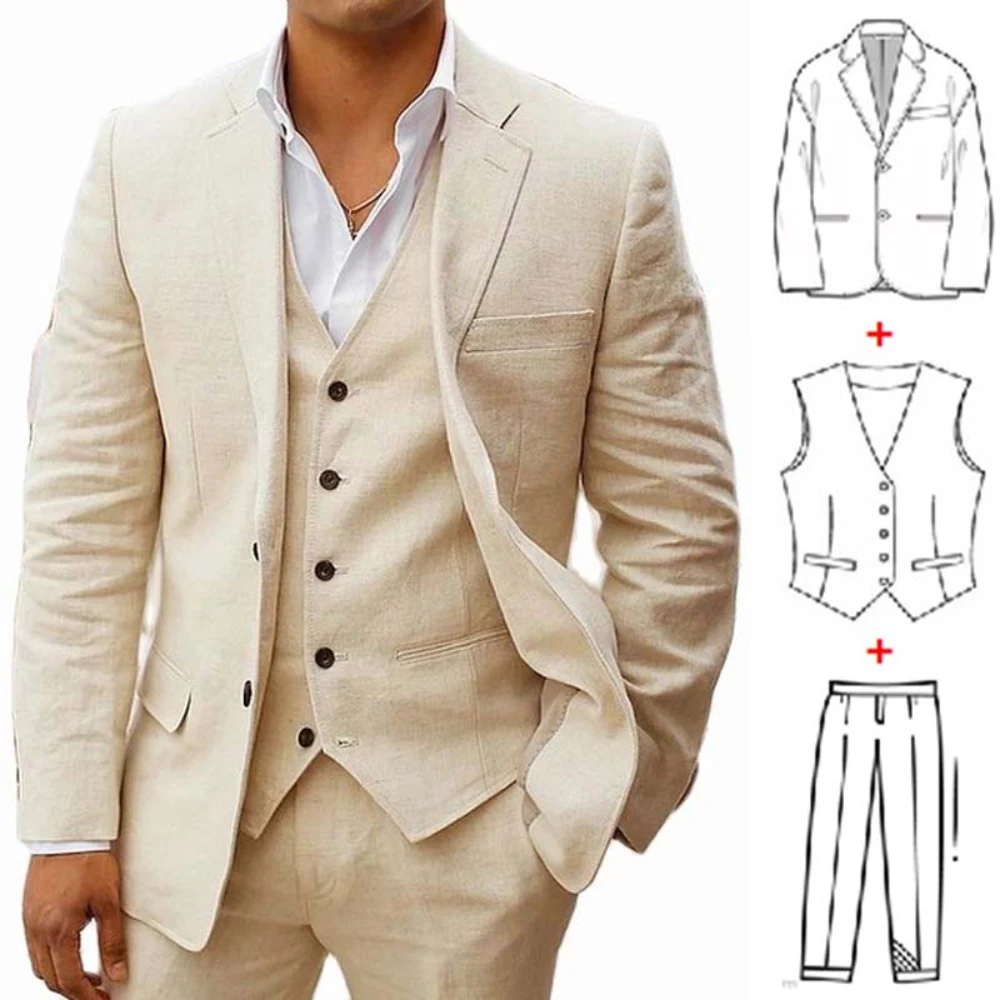 SILIWEYA 3 Piece Linen Summer Men Suits for Wedding Groom Tuxedos Casual Beach Custom Man Suit Set Jacket Vest with Pants Man