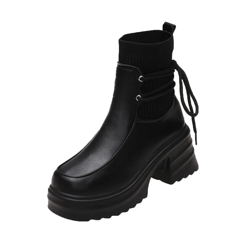 2023 Women Ankle Boots Chelsea Plush Warm Soft Sole Ladies Round Chunky Lace Up Winter Female Platform Shoes 35-39