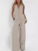Fashion Vest And Pants Sets For Women Cotton Solid Casual Suit Patchwork Sleeveless Button Top + Pants 2 Piece Set Office Ladies 1