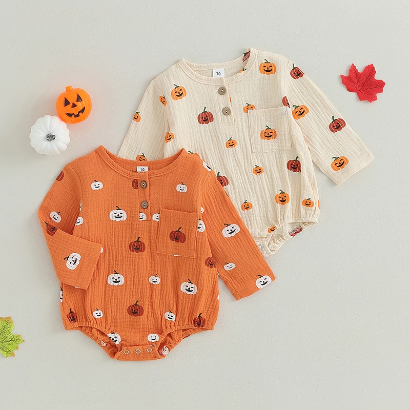 

2023-07-13 Lioraitiin 0-24M Infant Baby Boy Girl Halloween Bodysuit Long Sleeve Button Down Round Neck Pumpkin Print Jumpsuit