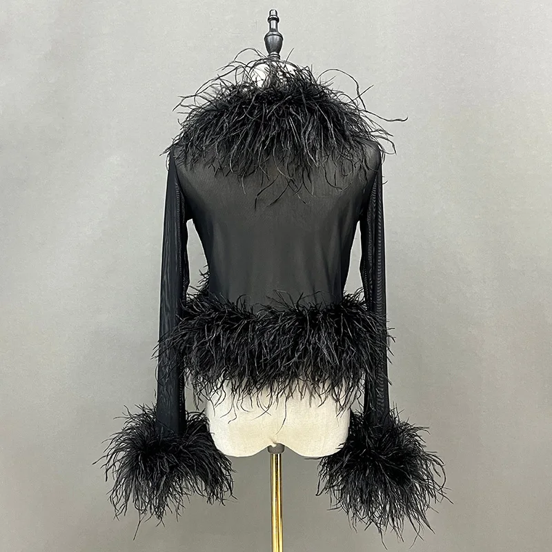 Ameri　FEATHER OVER CARDIGAN WITH VEST Women's Long Sleeve Crop Shirt with Feather Cuffs, V-Neck