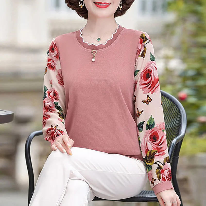 

Elegant Lace Floral Print Patchwork Ladies Tops Spring Autumn Korean Fashion Casual Long Sleeve Basic T Shirt Women Clothing 5XL