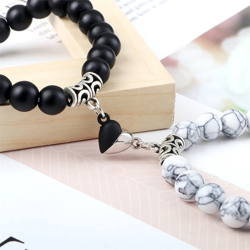 Magnetic Couple Bracelets Set - Heart Shape Stone Beads Distance Relationship Jewelry For Him & Her