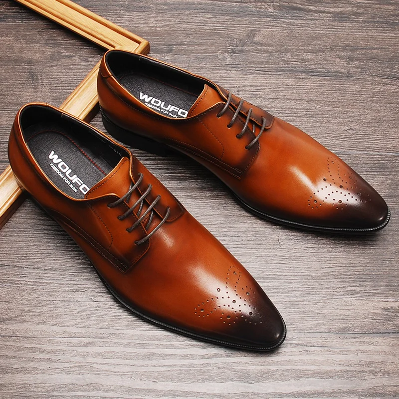 

Fashion Mens Leather Dress Shoes Wedding Genuine Leather Men Formal Shoes Black Brown Lace Up Pointy Leather oxford Shoes Man