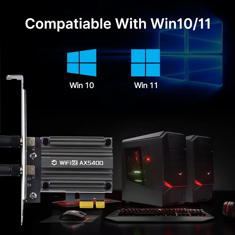 WiFi 6E AX5400 PCIe 어댑터 블루투스 5.3 트라이 밴드 2.4G/5G/6GHz 802.11ax MU-MIMO 네트워크 카드(Windows 10/11-64Bit 데스크탑 PC용)