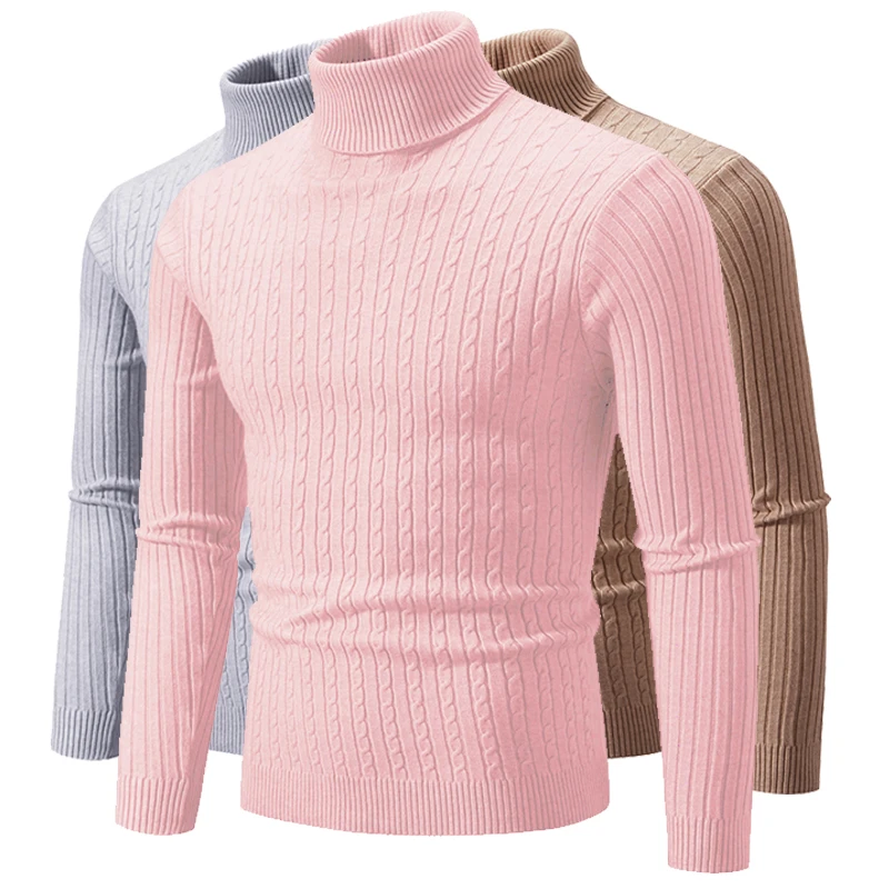 2023 New Men's Twist High Neck Pullover Knit Sweater Fashion Casual Solid Color Men's Simple Versatile Warm Sweater