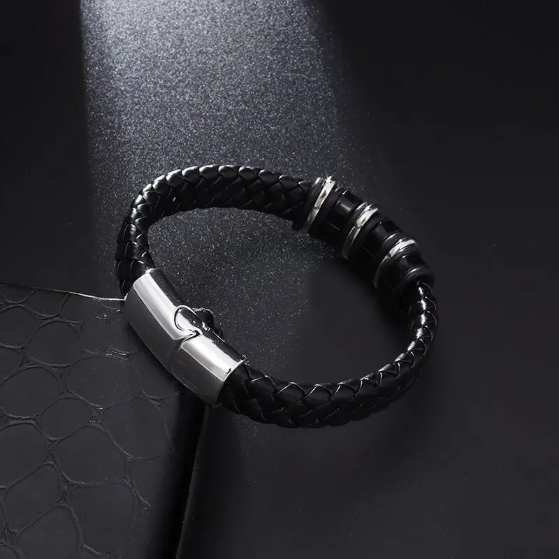 Leather bracelet classic leather braided magnetic metal buckle bracelet men's casual business jewelry gift