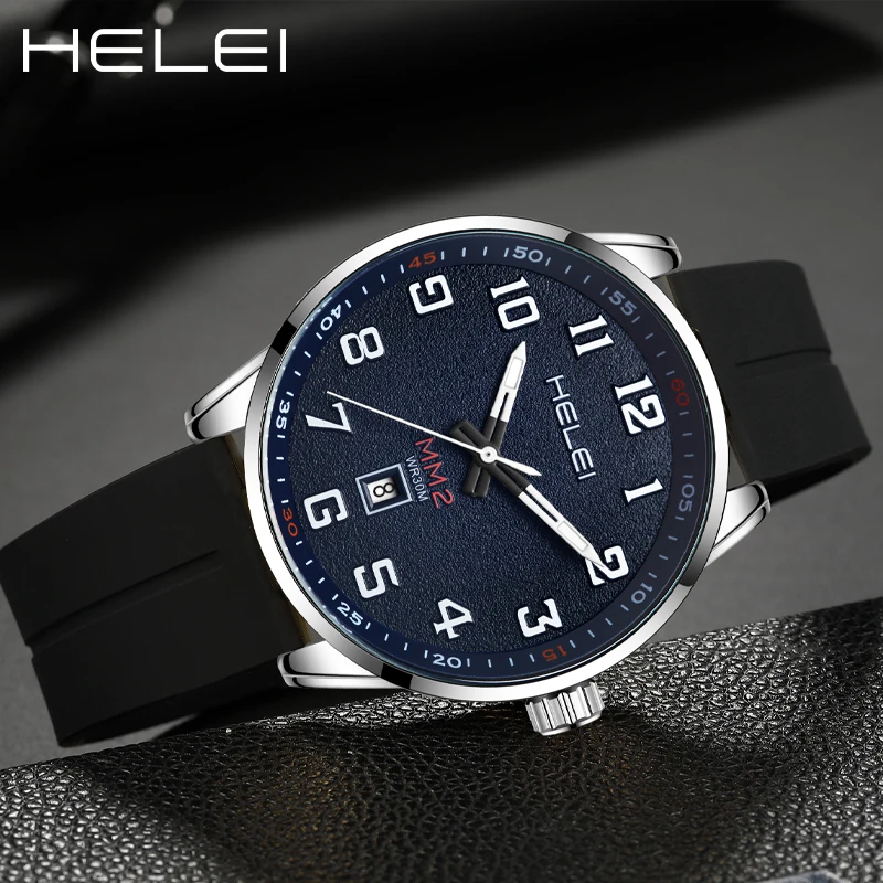 Classic HELEI brand men's watch fashion quartz wristwatch silicone calendar display high quality men's watch gift for men