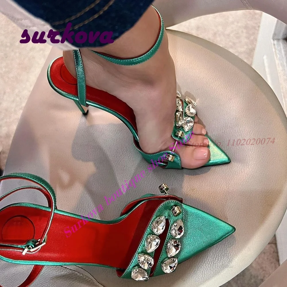 

Green Ankle Warp Crystal Sandals Pointy Toe Metal Stiletto Heels Women's Sandals Summer Solid Elegant Big Size for Female Sexy