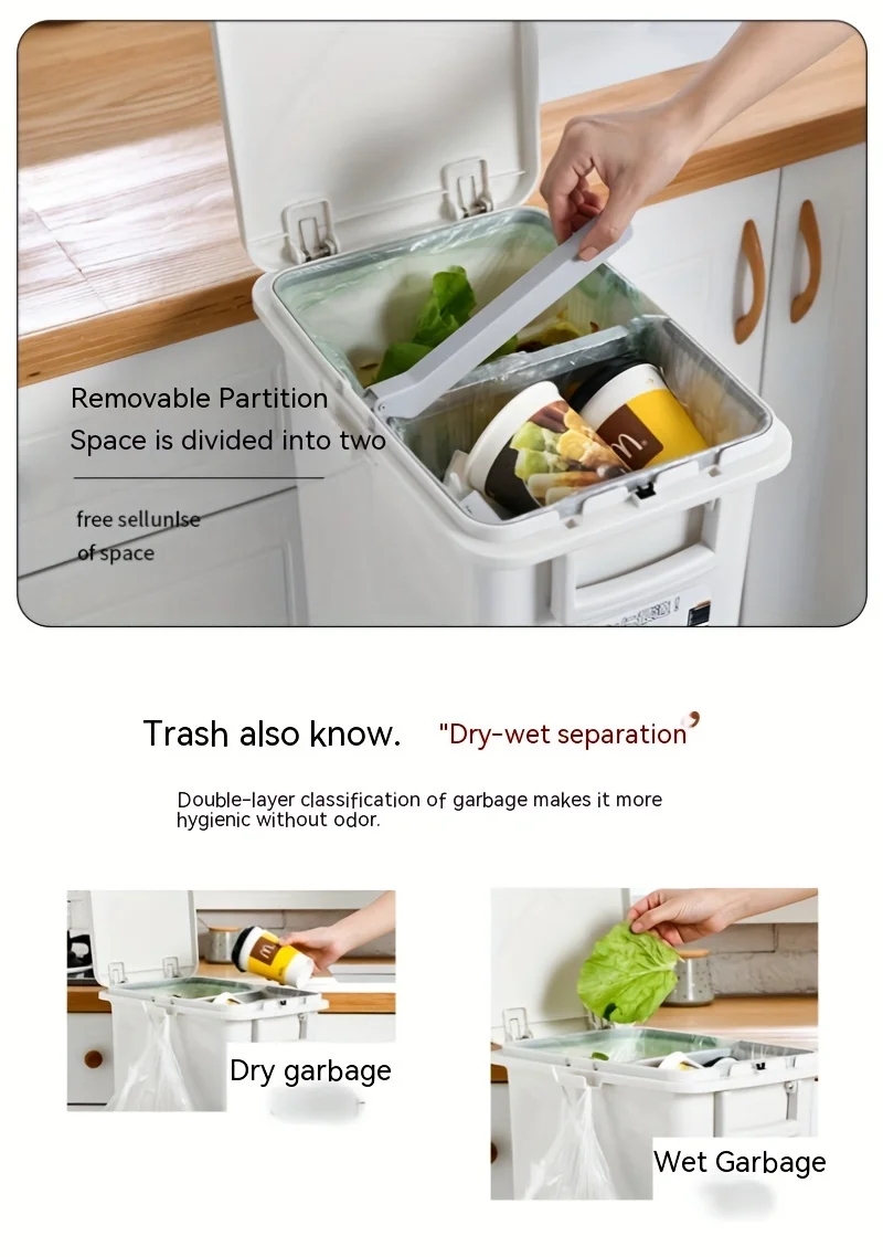 Large Dual-Compartment Trash Can - Durable Plastic Bin for DryWet Separation