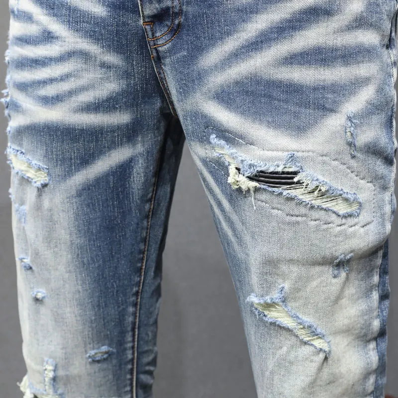 High Street Fashion Men's Patch Jeans Vintage Blue Elastic Tight Split Jeans Men's Leather Splicing Designer Hip Hop Brand Pants