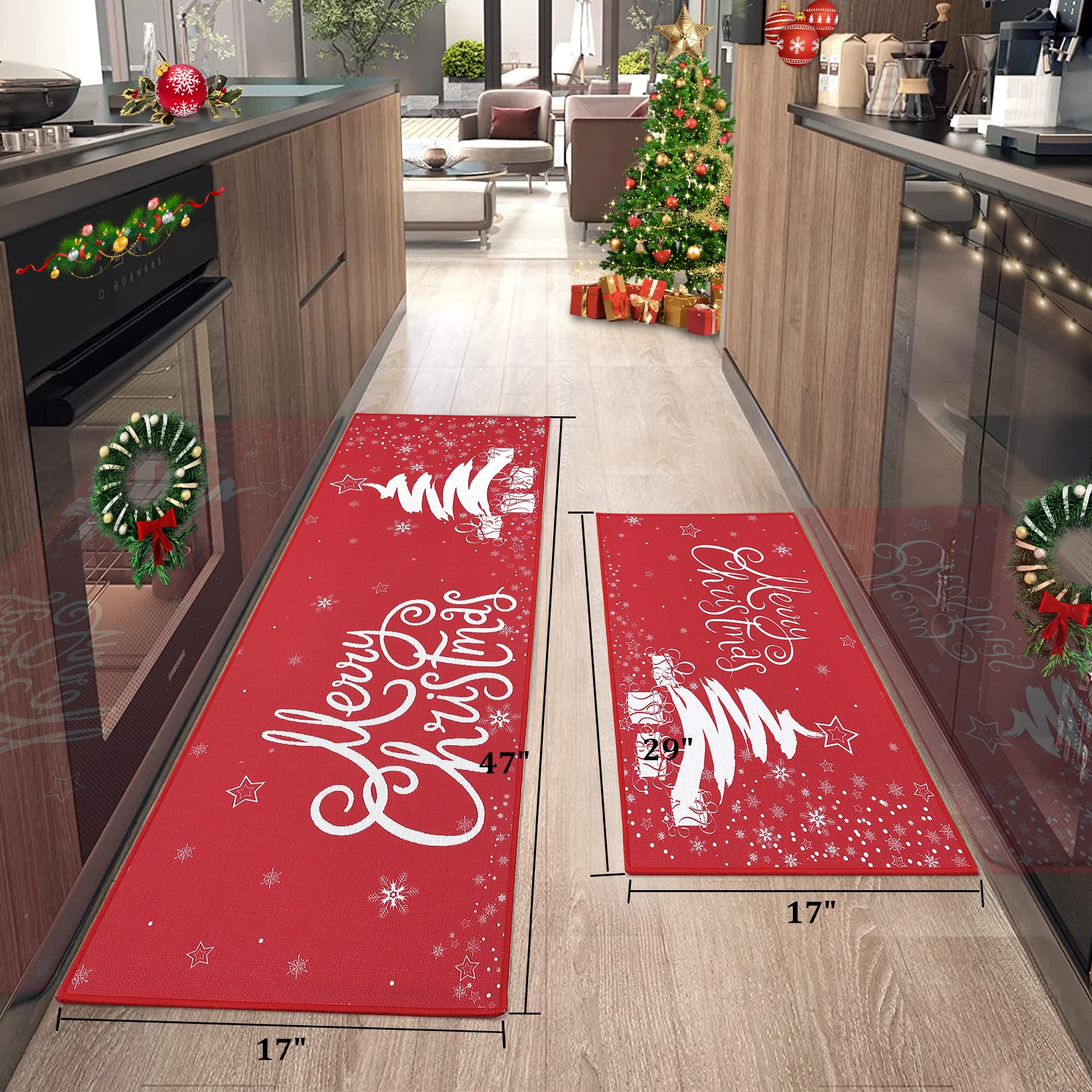 2er-Set dekorative Weihnachtsküchenteppiche mit Schneeflocke, rutschfeste, waschbare Küchenmatte für die Weihnachtsdekoration im Winter zu Hause – Detail 28