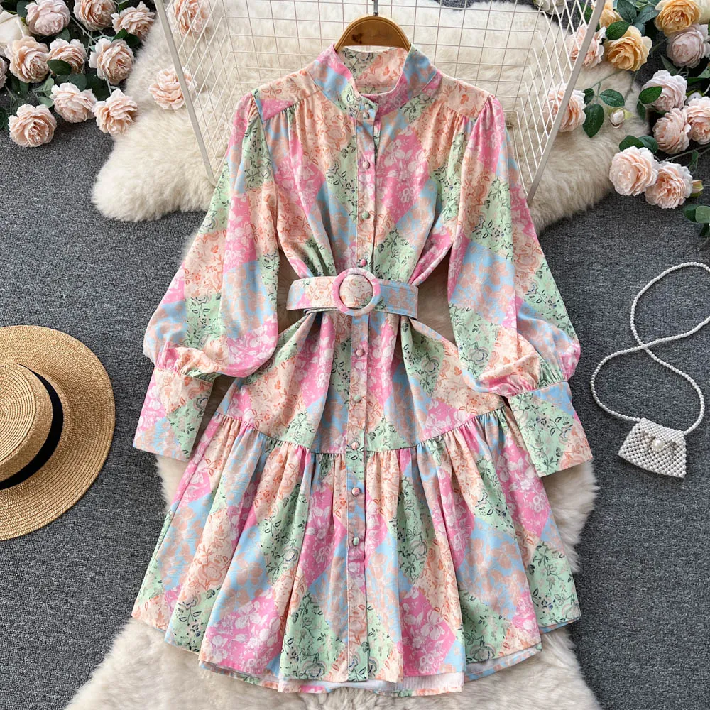 

2023 Spring Women Dresses Runway Fashion Floral Print Bohemian Dress Stand Collar Lantern Sleeve Belted Ruffles Mini Vestidos