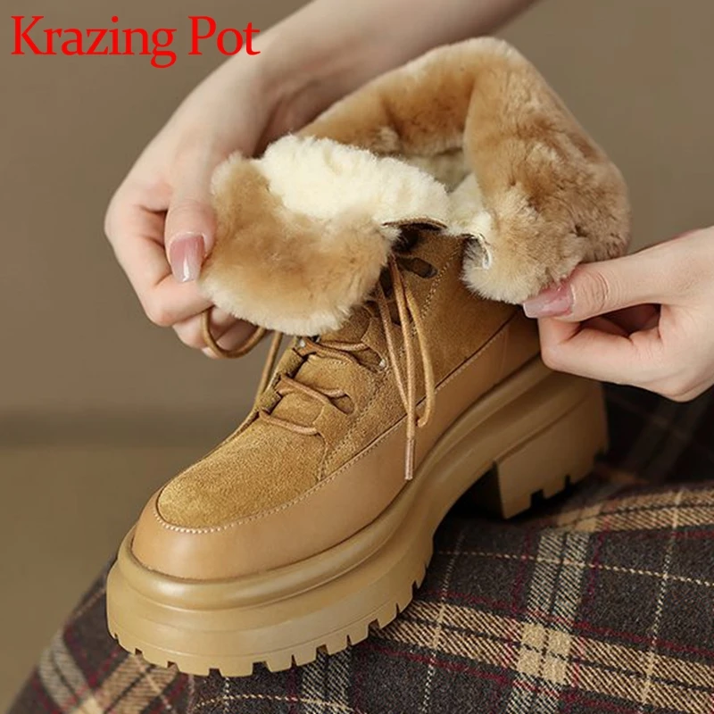 

Krazing Pot Wool Cow Suede Fur Round Toe Thick High Heel Snow Boots Lace-up Cold-resistant Keep Warm Platform Rivets Ankle Boots