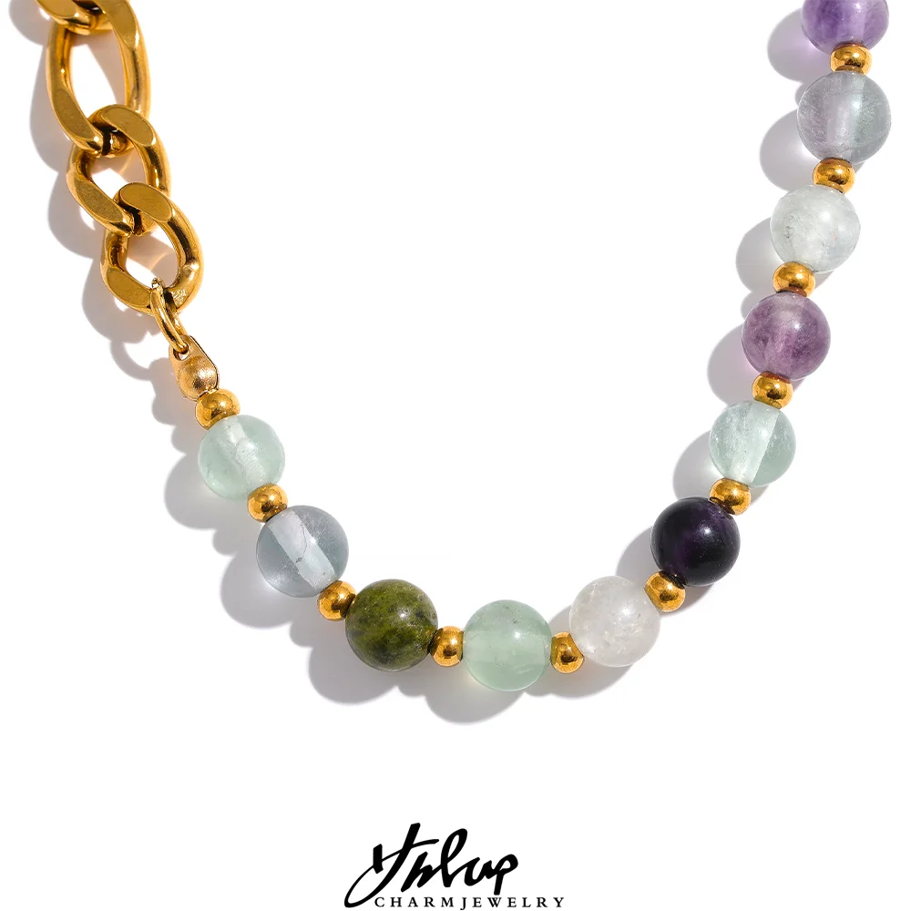 Yhpup Wasserdichte, stilvolle, bunte Natursteinperlenkette, Edelstahl-Halskette für Frauen, exquisiter handgefertigter Schmuck, neu