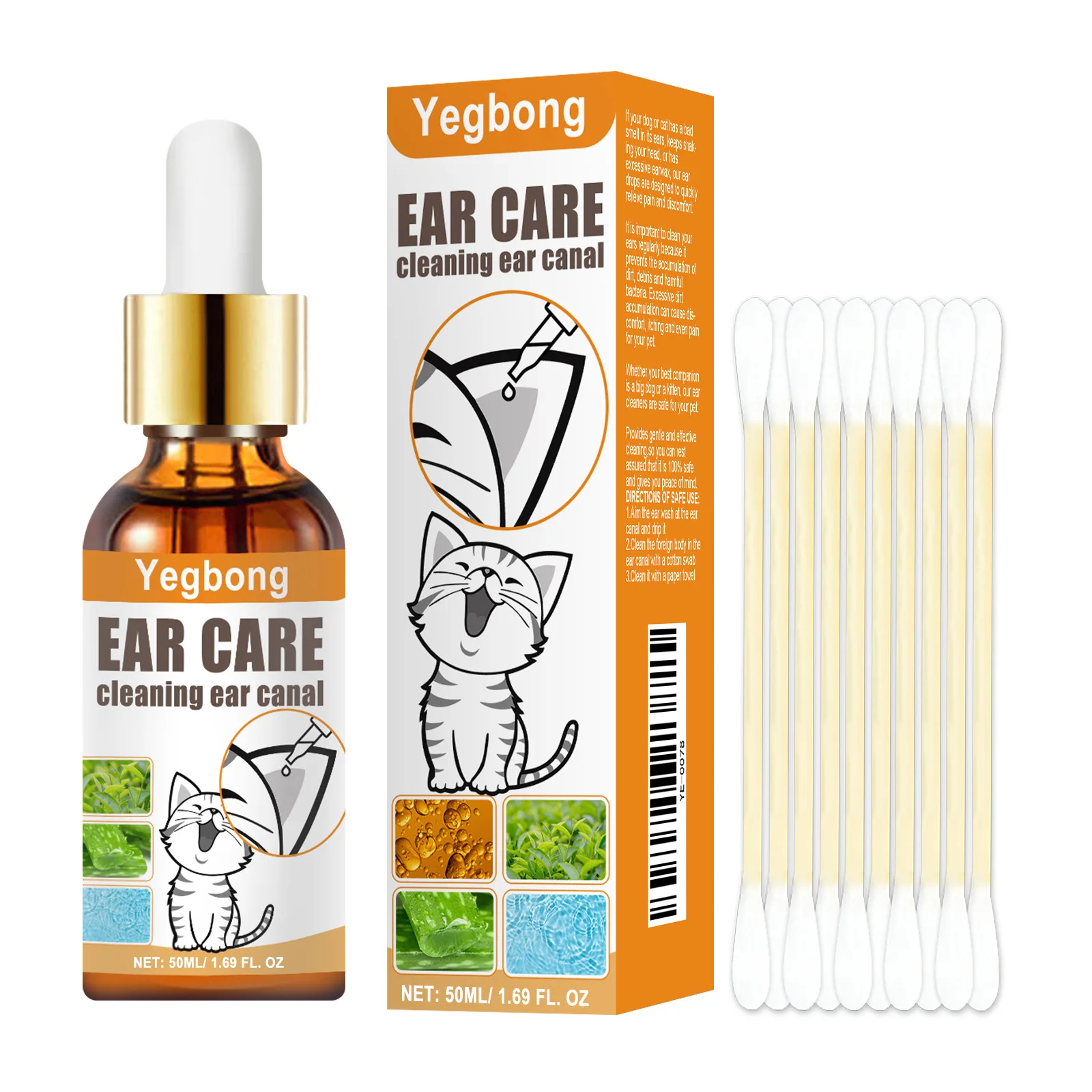 Pet Ear Cleaner with Cotton Swab, Cat and Dog Ear Mite Removal, Itching Relief, Cleaning Drops, Canal Deodorization