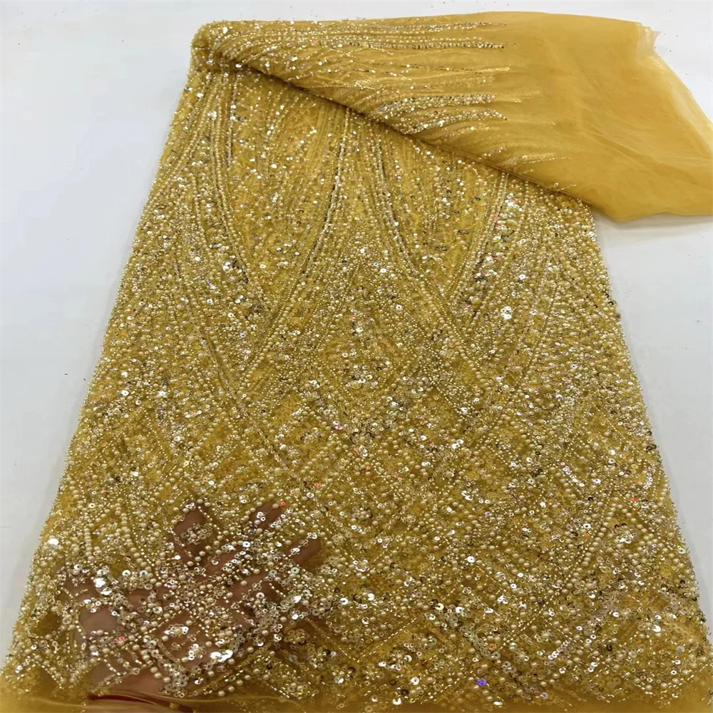 

5 Yards African Sequins Tulle Laces Fabric 2024 High Quality Heavy Beaded French Lace Fabric Nigerian For Wedding Dress Material