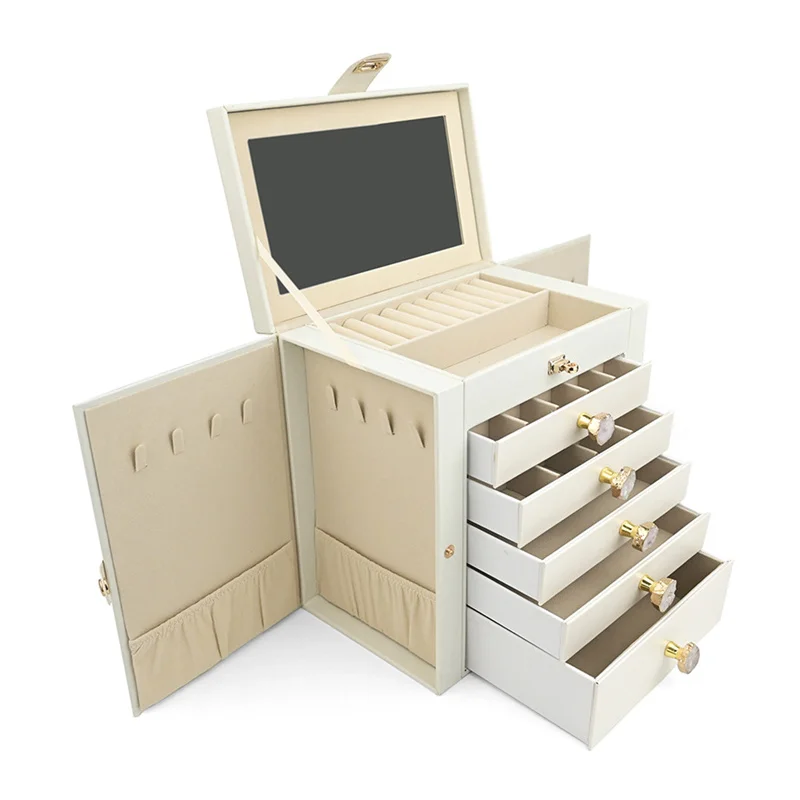 New Large Capacity 6 Layers Jewelry Box with Mirror Leather Earrings Rings Necklaces Jewelry Storage Box Organzers 5 Drawer Gift