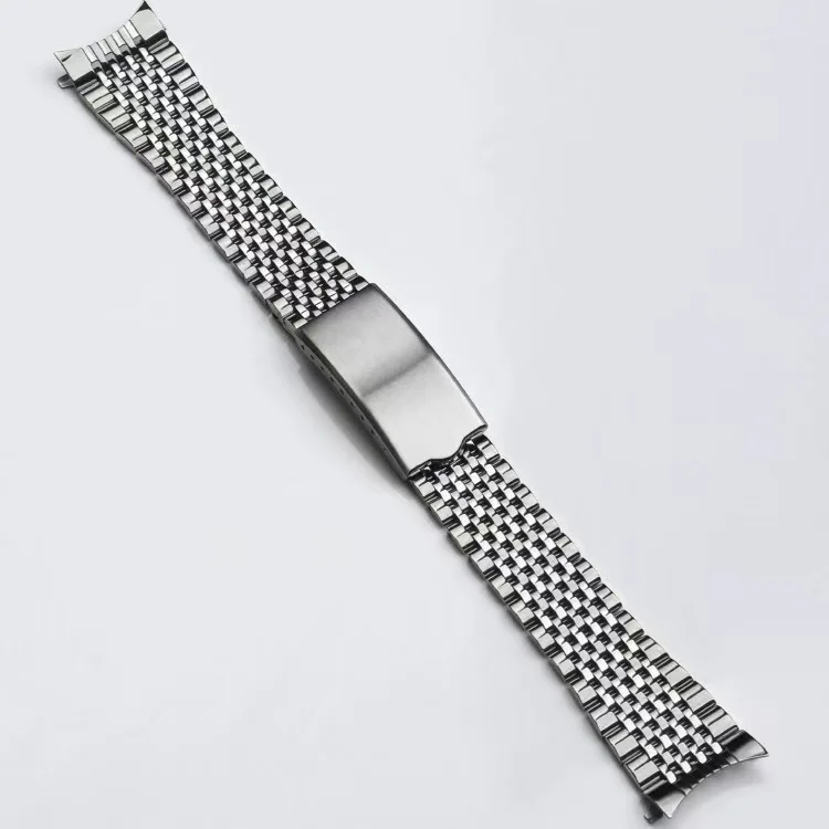 Curved End Solid Stainless Steel Watch Band - Vintage Retro Link Beads Bracelet Strap