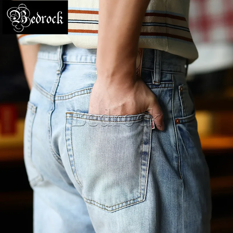 MBBCAR Summer New 12 oz Ice Light Blue Mens Jeans Stone Wash Selvedge Denim Jean Pants Vintage Slim Straight Leg Pants 7505