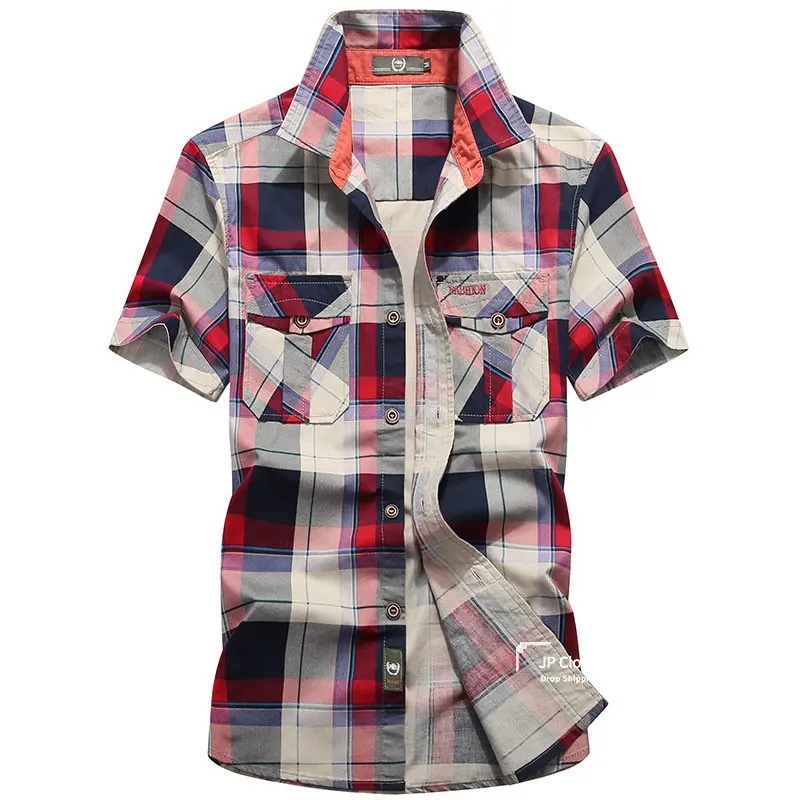 

Plus Size 4XL Spring Autumn Men's Cotton Plaid Shirts smart casual short Sleeve Cargo Dress Shirts Casual Shirts Man CLOTHES