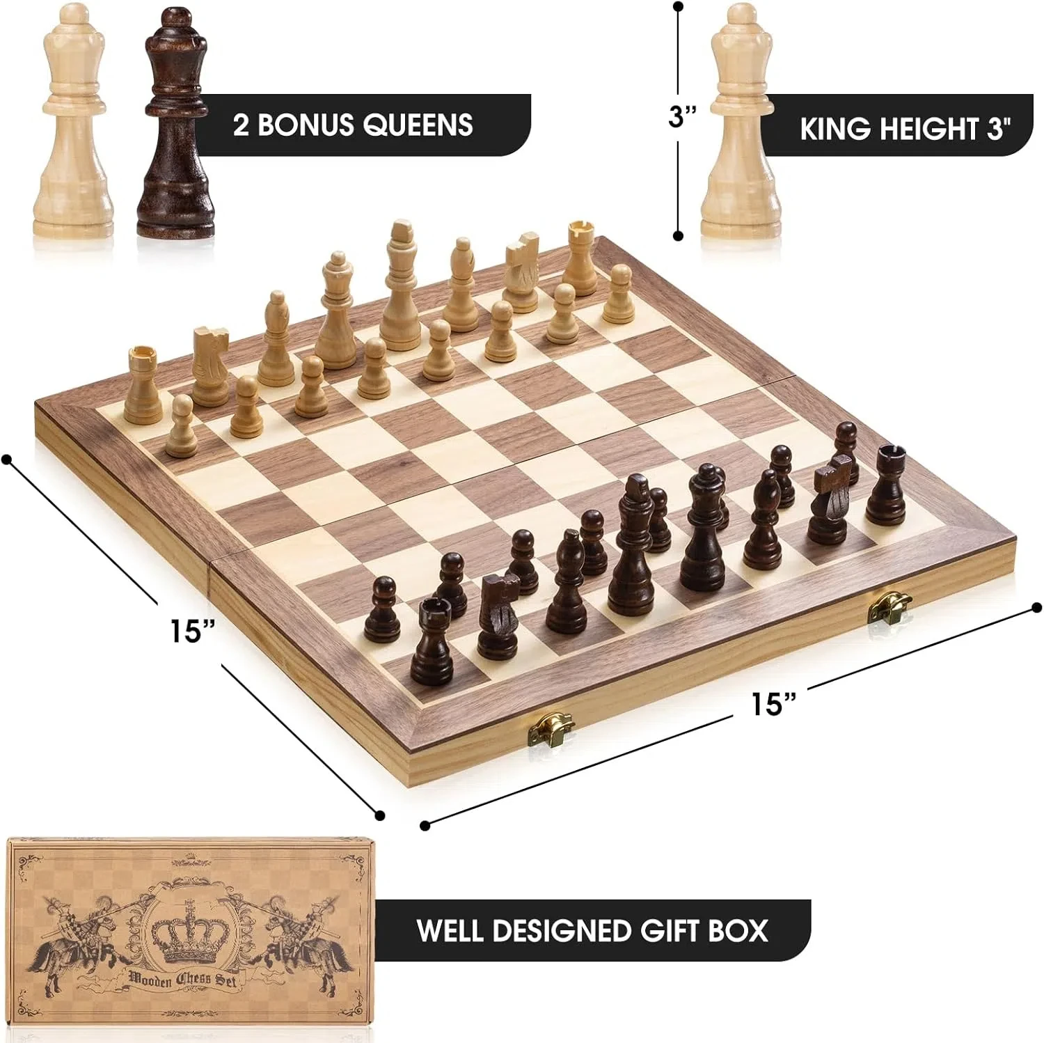 Upgraded Magnetic Chess Set 15" Tournament Staunton Wooden Chess Board Game Set with Magnets Crafted Chesspiece and Storage