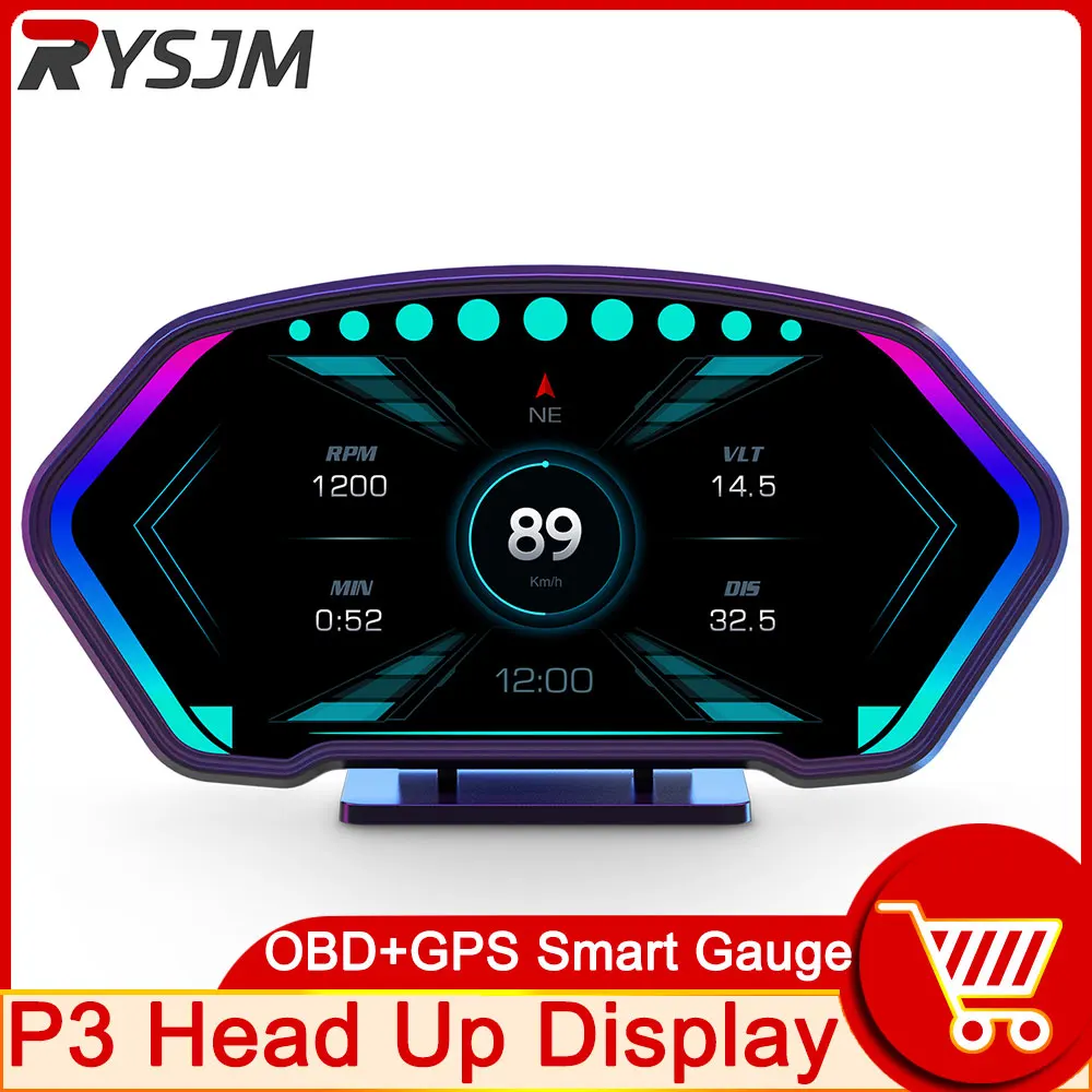 

OBD +GPS HUD Car Head Up Display P3 Digital Tachometer Speedometer Odometer Clock Voltmeter Slope Meter Compass Altitude Fuel