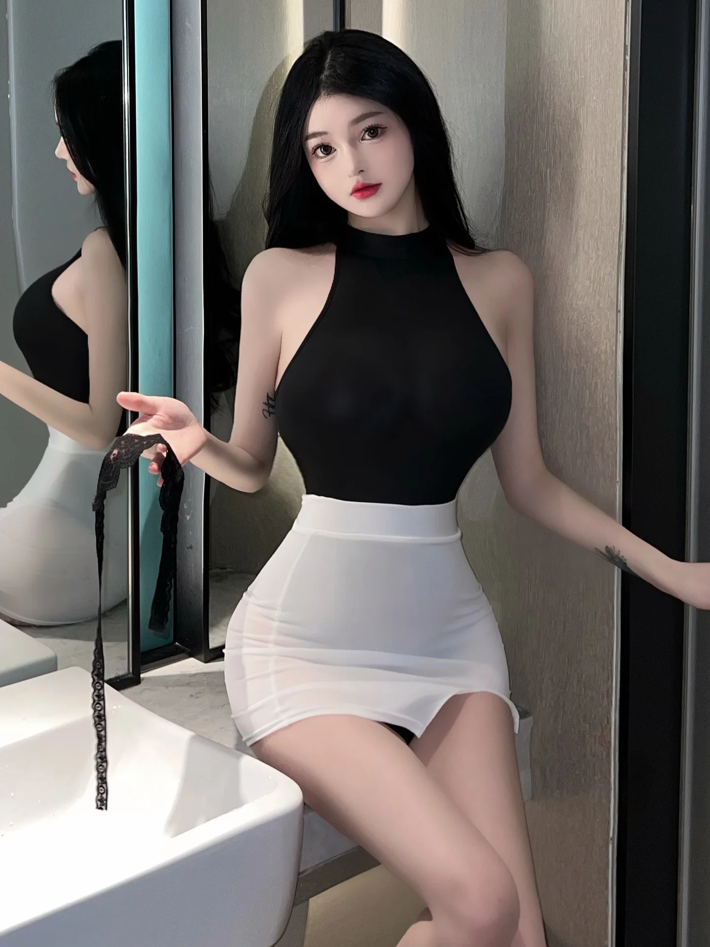 

Sexy Exotic Skirt Set Underwear Hollow Out High Waist Skirts Swimsuit Transparent Tight Tops Black White Women Bodysuit Set GDMR