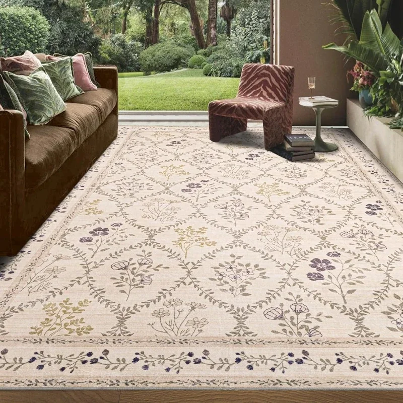 Floral Living Room Carpet Large Area Pastoral Style Print Bedroom Plush Rug Home Decoration Machine Washable Non-slip Floor Mats