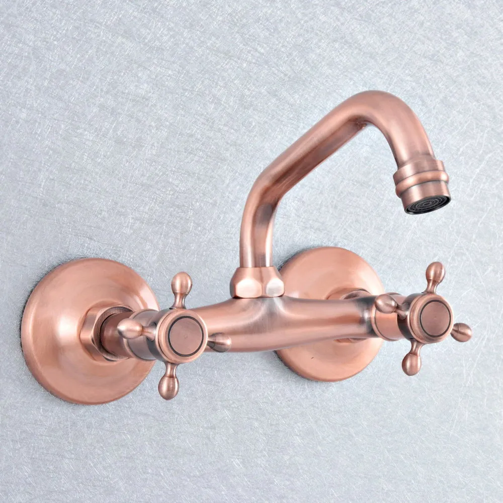 

Antique Red Copper Basin Faucet Wall Mounted Dual Handles Bathroom Faucets Swivel Spout Hot Cold Water Mixer Tap