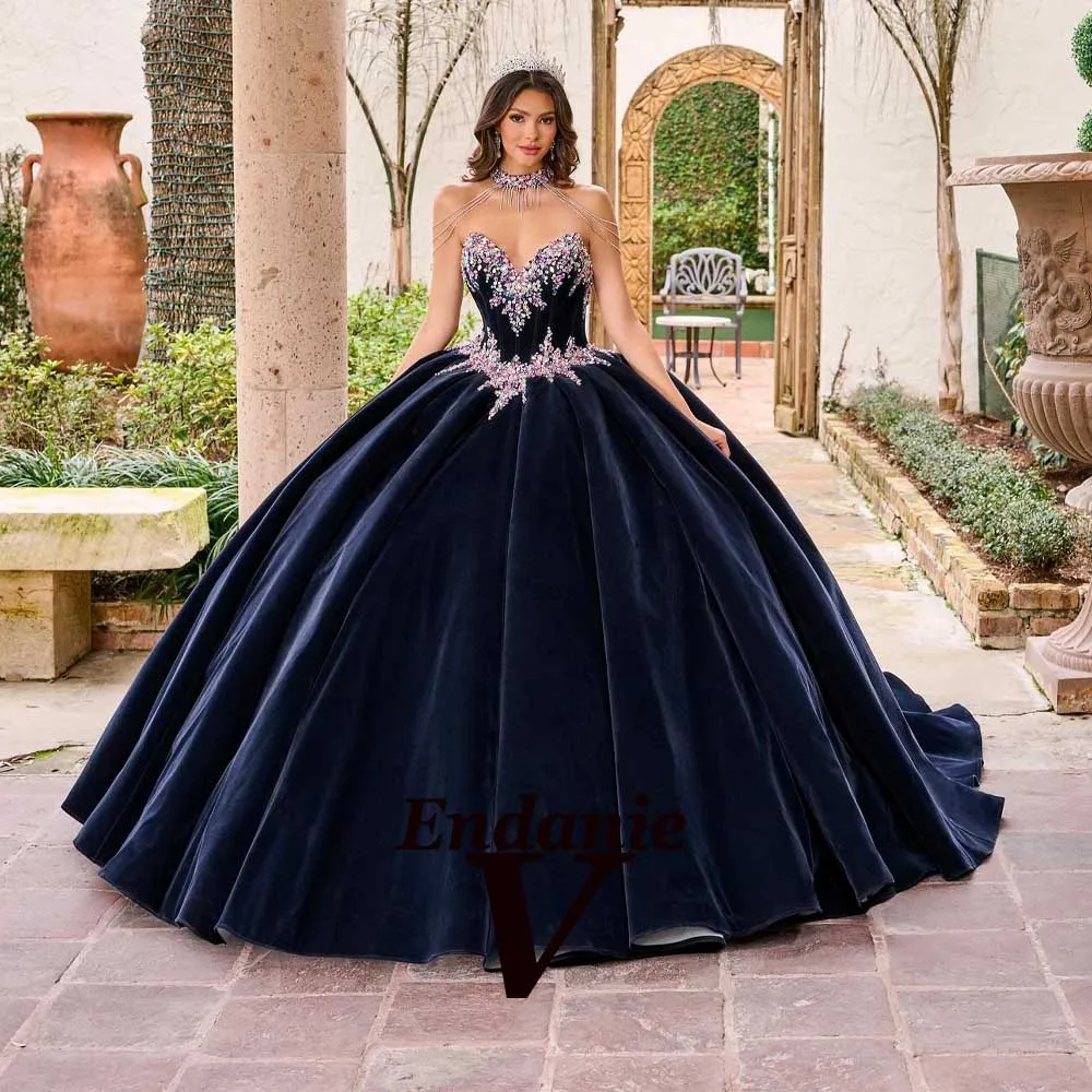 Vendanie Charming Satin Quinceanera Dress Appliques High Neck Beadings Sleeveless Robe Princesse Bleu Femme Customized