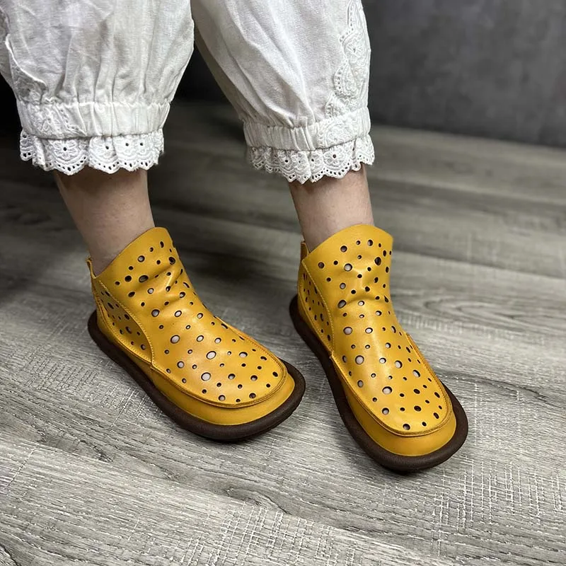 Stivali Estivi Stivaletti Da Donna In Pelle Stivali Donna Estivi In Pelle  Traforata Punta Tonda Tacco Basso Neri