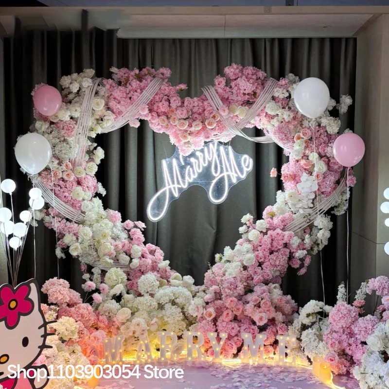 Rosa-weiße Rosen-Hortensien 5D Blumenreihe Arrangement Dekoration Hochzeitshintergrund Herzförmiger Bogenrahmen Bühnenblumenständer Requisiten