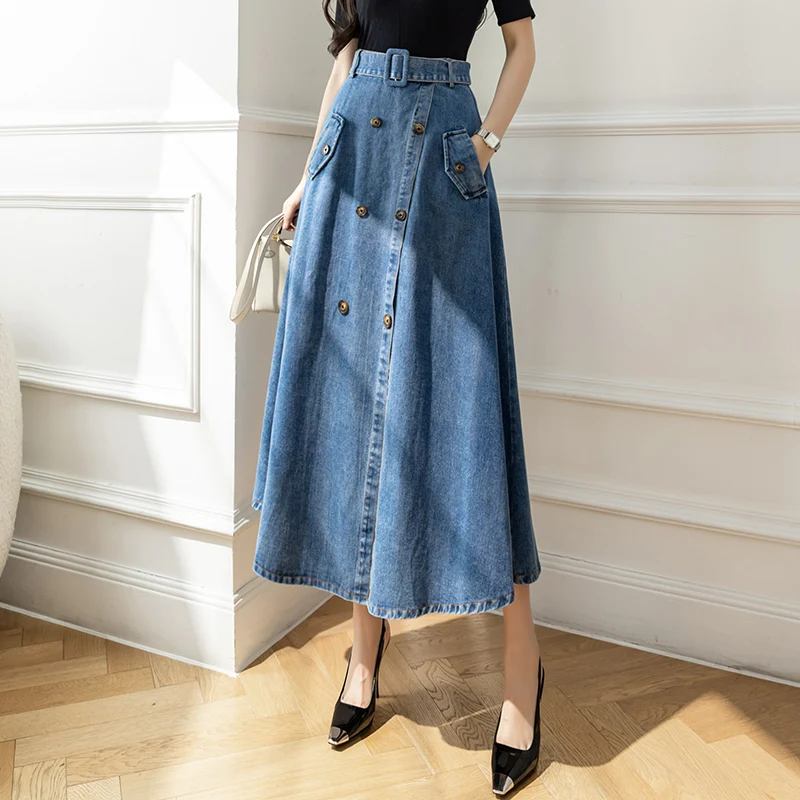 Elegant Women Denim Skirt Blue High Waist Buttons Split A-Line Jean Skirt Fashion Ladies Versatile Mid-Length Skirt
