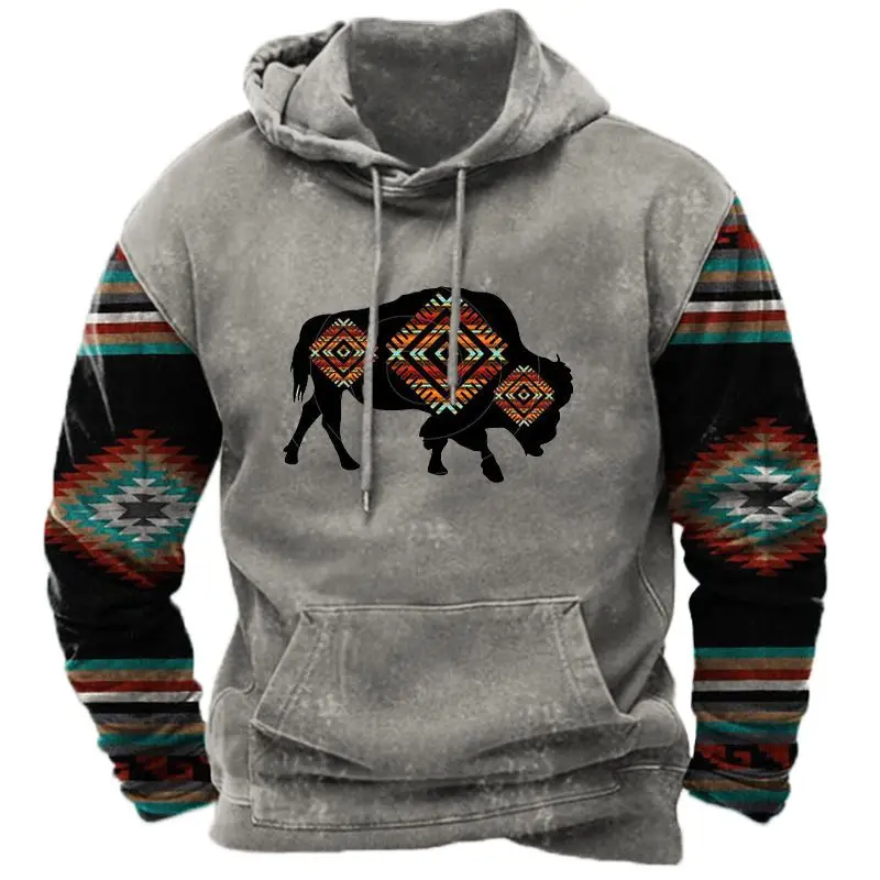 Spring Autumn Men Cowboy Hoodie Vintage Print Casual Stylish Pullover Fashion Long Sleeve Hooded Clothing Male Retro Streetwear