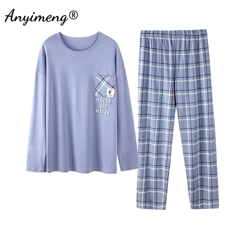 Pajama Sets Spring Autumn Cotton Long Sleeve Sleepwear for Man Big Size Pullover Homewear L-4XL Man Pajama Set Minimalist Boy Loungewear