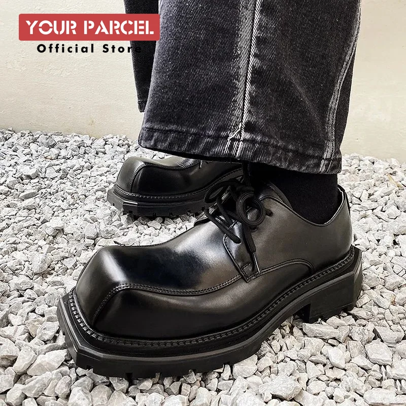 Square toe leather shoes for men Korean version thick sole