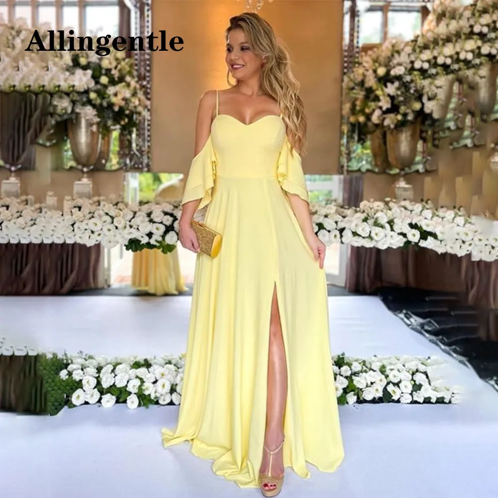 Allingentle Evening Dresses Off Shoulder Sweetheart Ruffles Sleeves Side Slit A-Line Chiffon Yellow Prom Party Gowns Maxi
