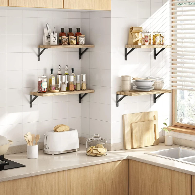 Floating Wooden Shelves Display Shelf Solid Wood Shelves Wall Storage Rack for Bedroom Kitchen Home Decoration Plant Holder 4
