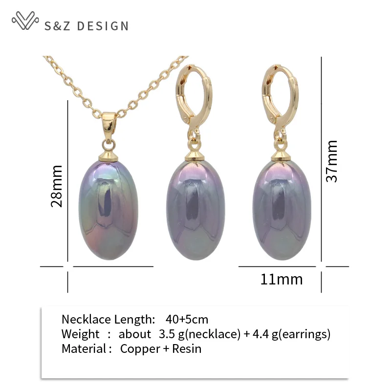 S&Z DESIGN New Fashion Luxury Egg Shape Colorful Oval Bead Drop Earrings Jewelry Sets For Women Wedding Pendant Necklace Gift