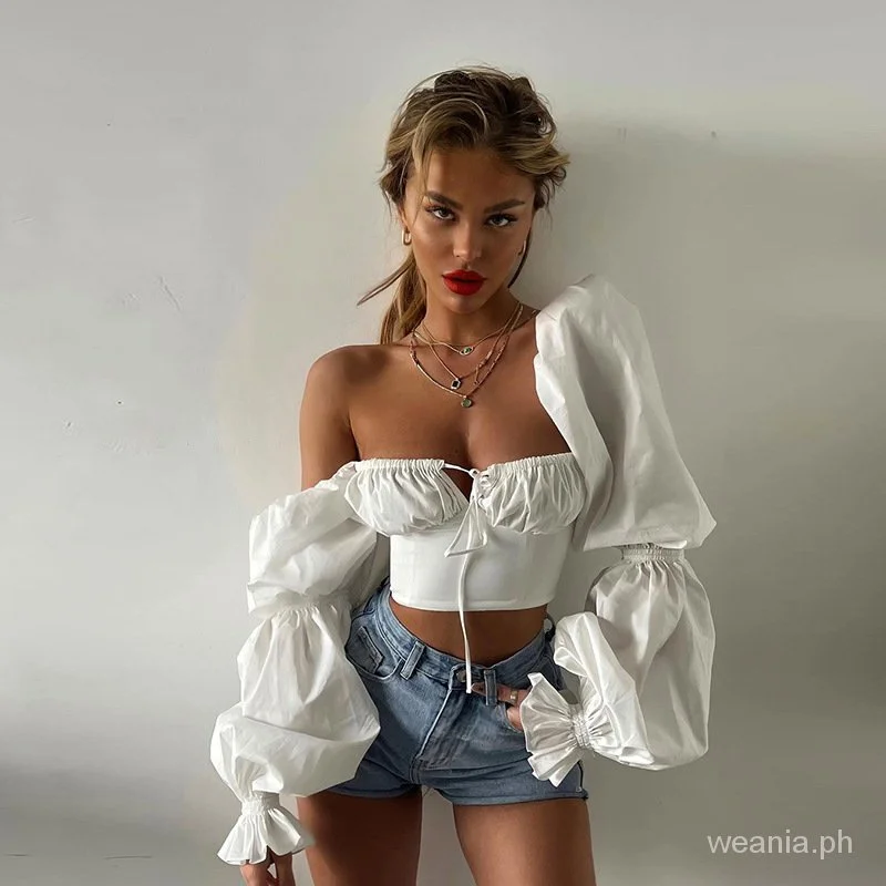 

Women Sexy Square Neck Long Bubble Sleeve Cropped Blouse