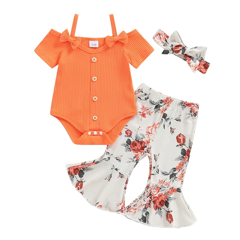 

Infant Baby Girl Outfit Short Sleeve Suspenders Ribbed Romper Floral Flared Pants Set 3 Pieces 0-18 Months