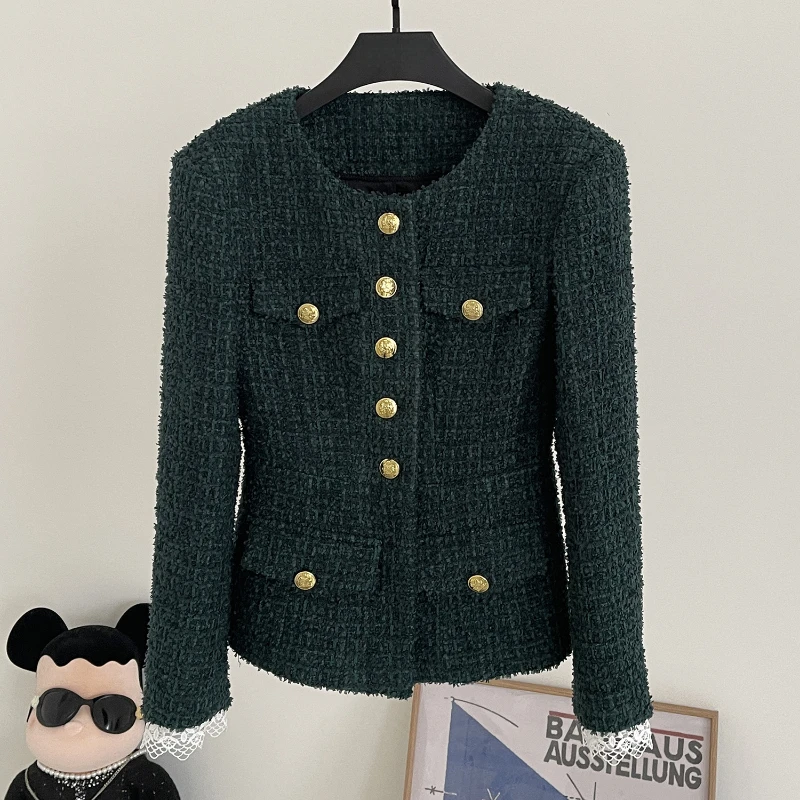 High Qualilty 2023 Autumn New Small Fragrant Ink Green Thick Tweed Jacket Waist Slimming Lace Cuff Women's Coat