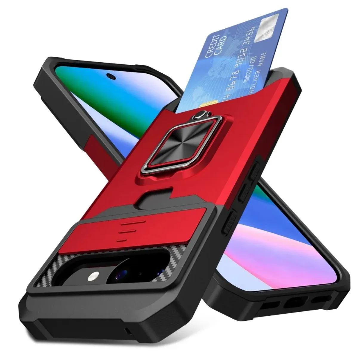 Card Slot Ring Holder Kickstand Armor Phone Case with Slide Camera Cover