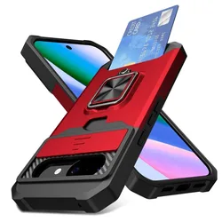 Card Slot Ring Holder Kickstand Armor Phone Case with Slide Camera Cover - Google Pixel 10 (Red)